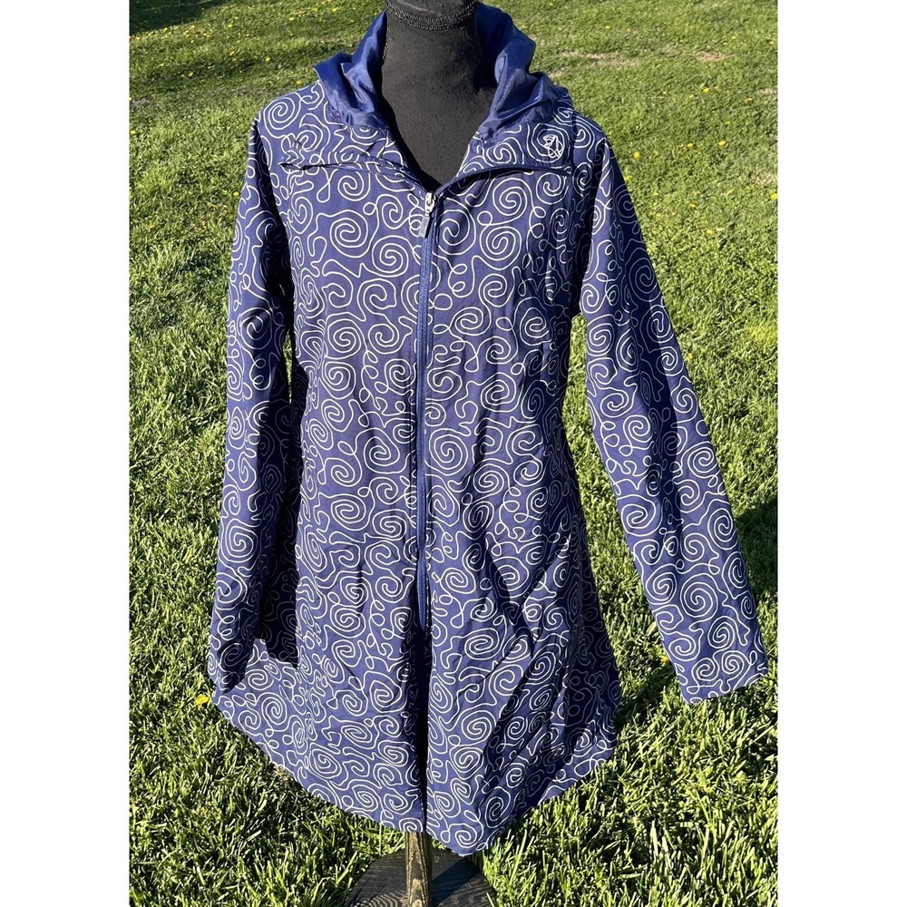 AGU Jacket Womens XL Blue Hooded Windbreaker Raincoat Reflective Print‎ Cycling - Picture 3 of 14